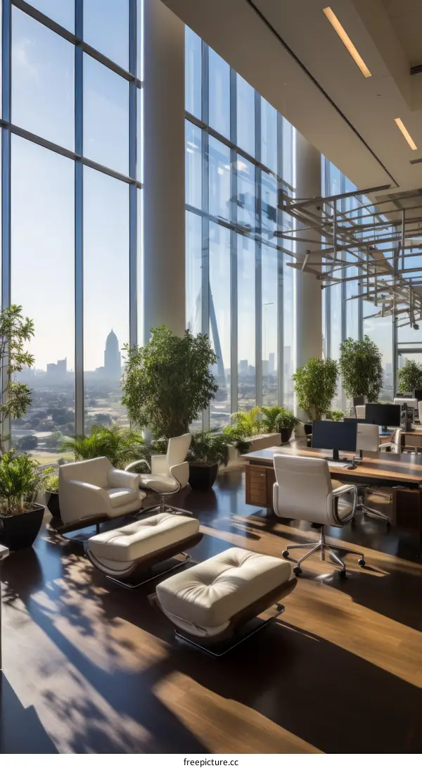 Modern office interior with large windows and city view
