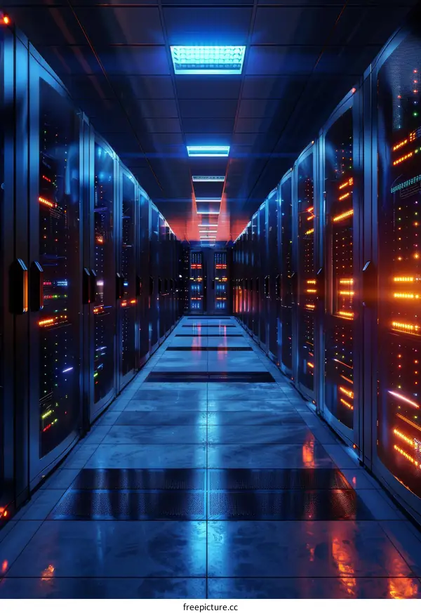 Futuristic Server Room Corridor with Neon Lighting