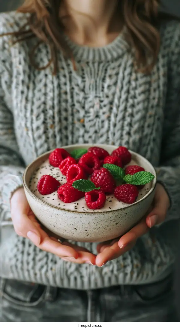 Raspberries in a bowl held by a person