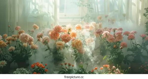A beautiful arrangement of pink and orange flowers with a smoky background