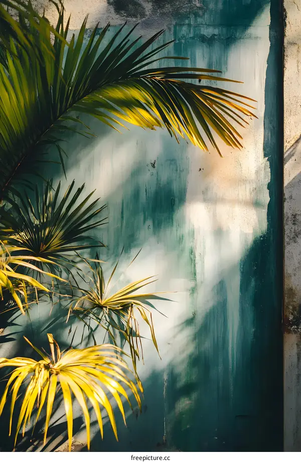 Tropical Palm Leaves Against Weathered Green Wall