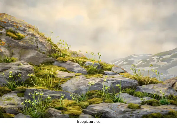 Rocky Mountain Landscape with Green Moss and Plants