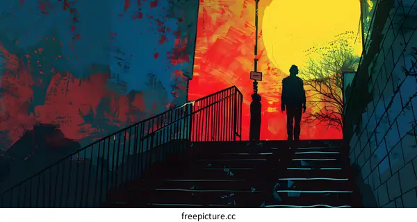 Silhouettes Climbing Stairs with Vivid Sunset