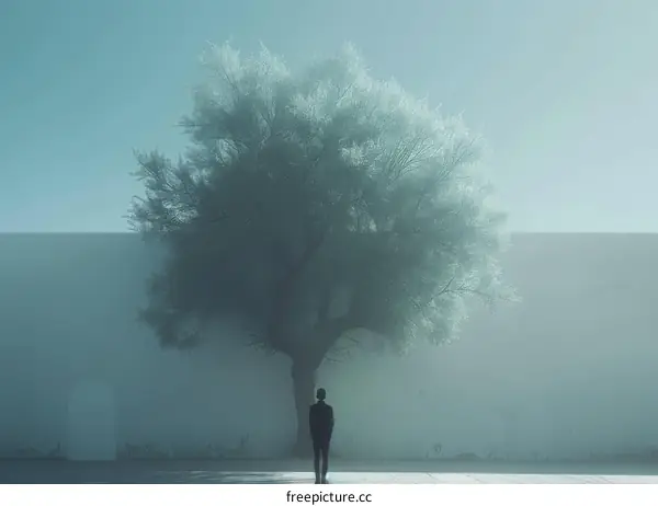 Solitary Figure Amidst Fog and a Majestic Tree
