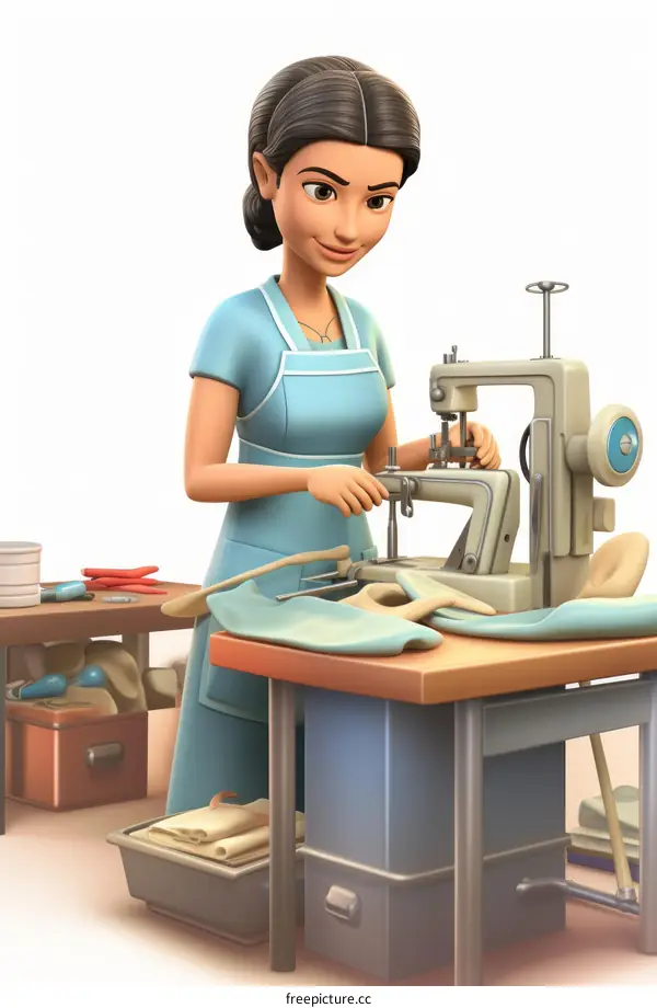 A seamstress works on a sewing machine in a factory