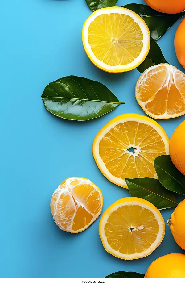 Fresh Lemon and Orange Slices with Green Leaves on Blue Background