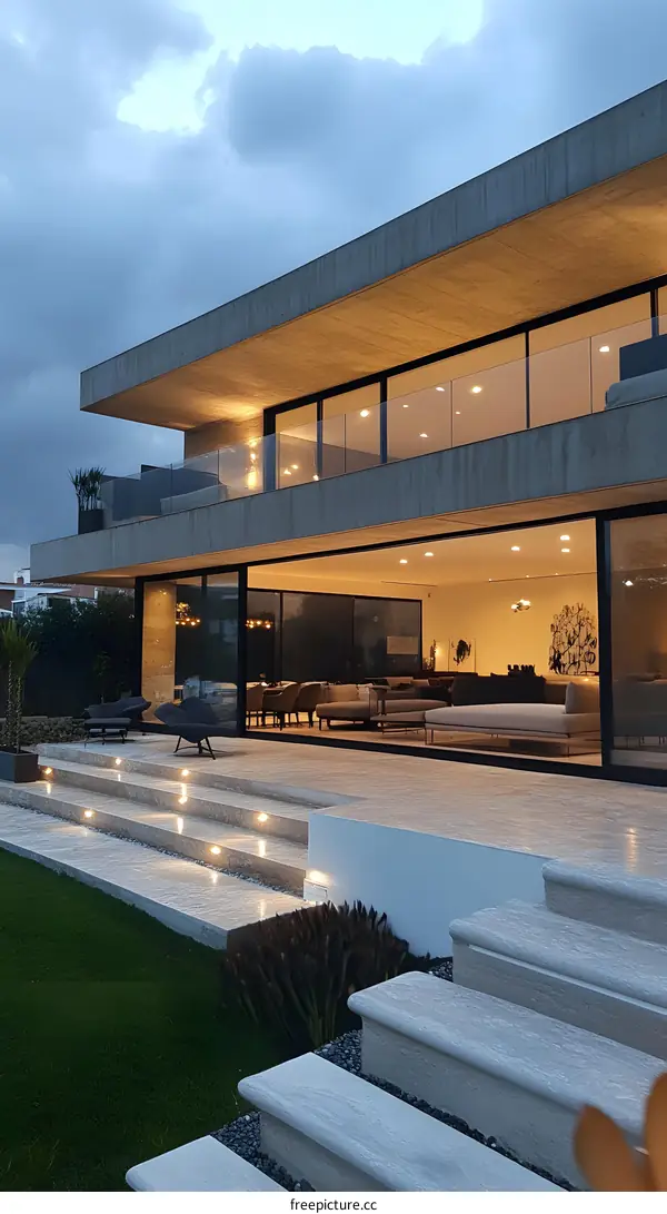 Modern Minimalist Concrete House with Glass Windows and Outdoor Stairs