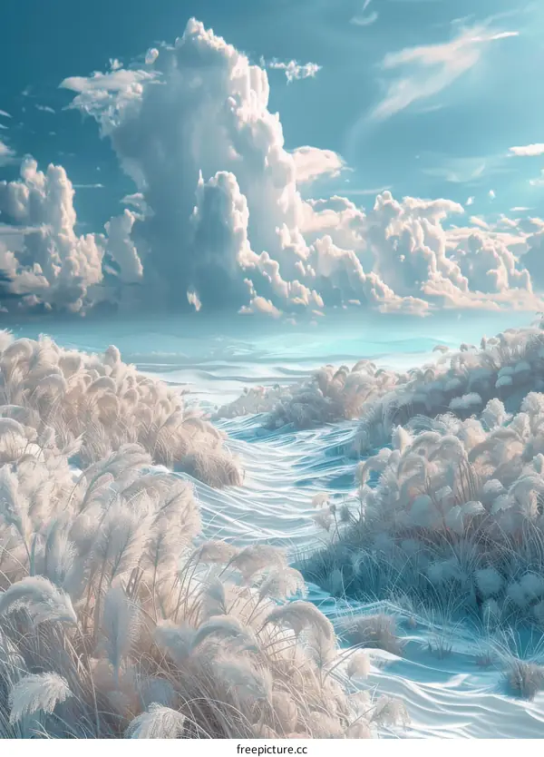 A Dreamy Landscape of Fluffy Grass Under a Cloudy Sky