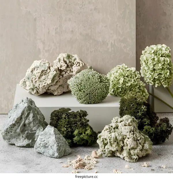 Green Rocks and Flowers on Grey Background