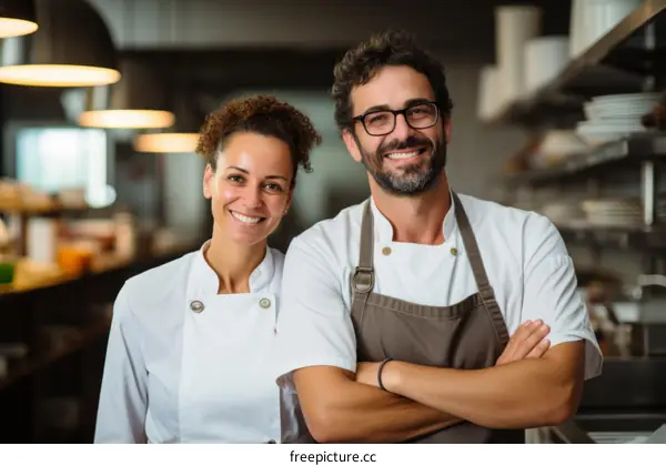 Two happy chefs in a commercial kitchen