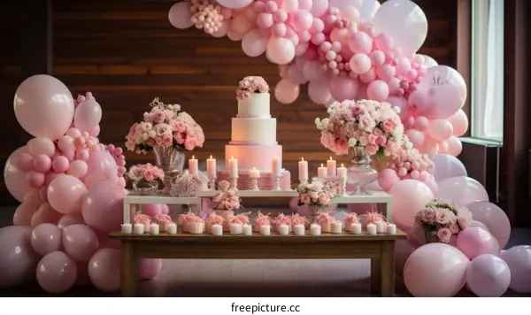 Pink and white birthday party decoration with a lot of flowers and candles