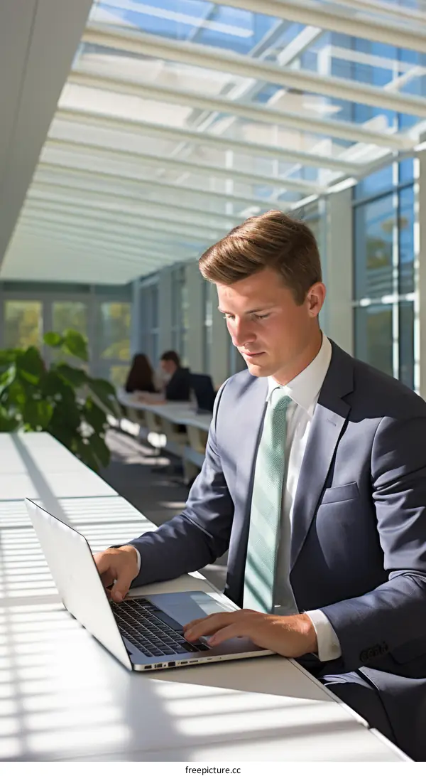 Young professional man working on laptop in modern office space