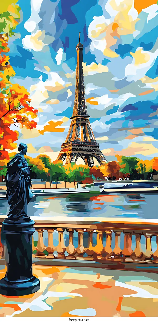 Eiffel Tower View With Statue and Trees