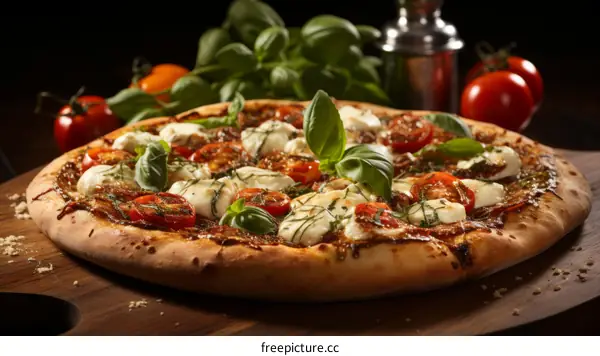 A delicious pizza with tomatoes, basil, and mozzarella cheese