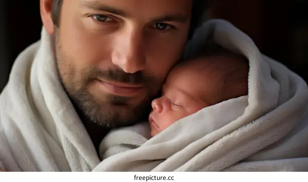 Father and newborn baby wrapped in a blanket