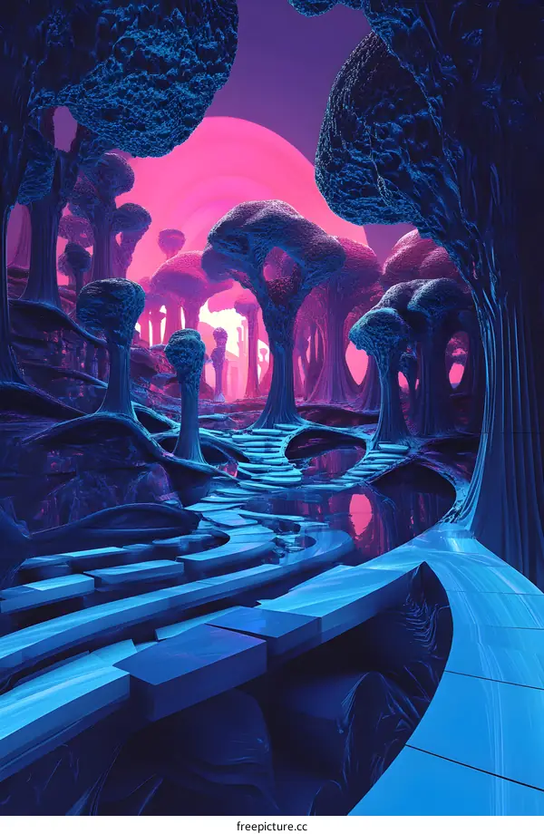 Abstract Surreal Landscape with Blue Trees and Pink Sky