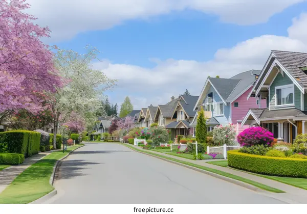 Colorful suburban street with blooming trees and flowers