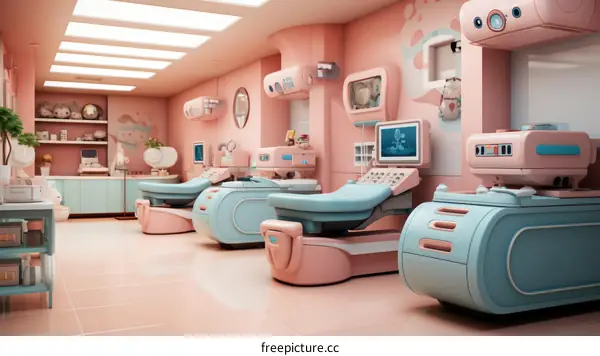 Futuristic Hospital Room with Pink and Blue Medical Equipment