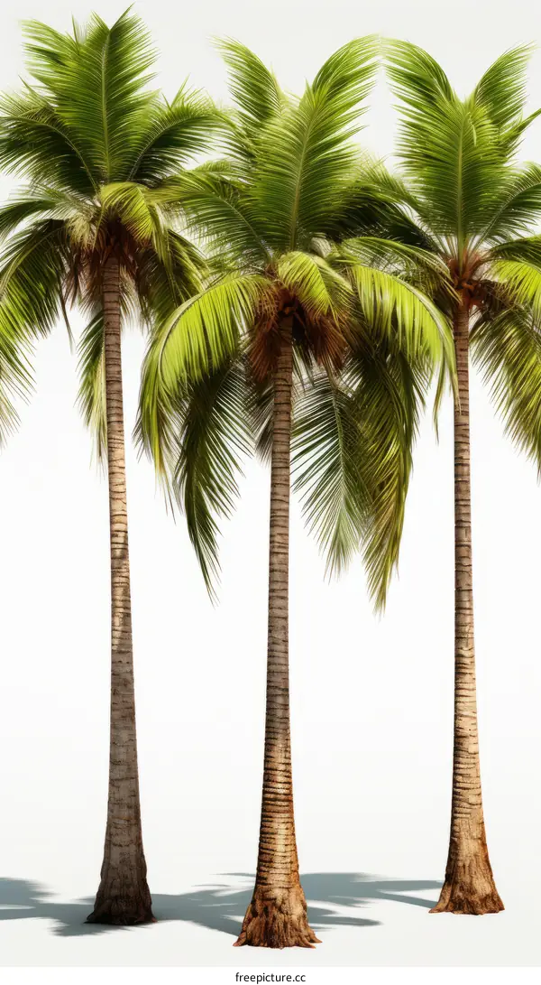 Four realistic coconut trees isolated on white background