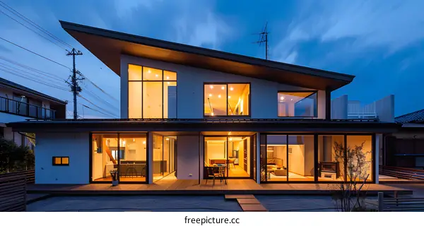 Modern Two Story House With Large Windows And Wooden Deck