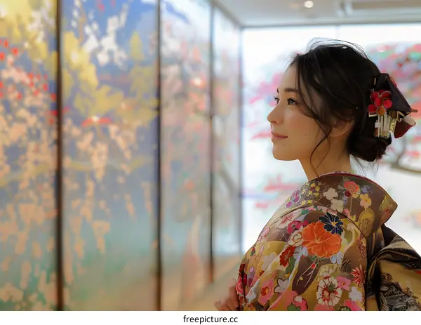 A Japanese woman wearing a kimono is standing in front of a colorful wall.