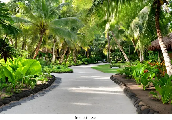 Tropical Garden Path with Palm Trees and Lush Greenery