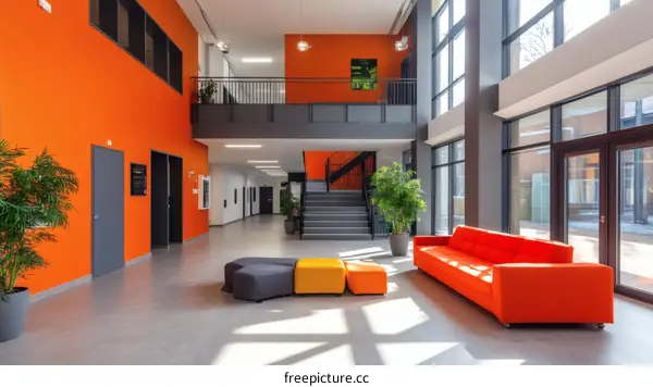 Modern School Hallway with Vibrant Colors