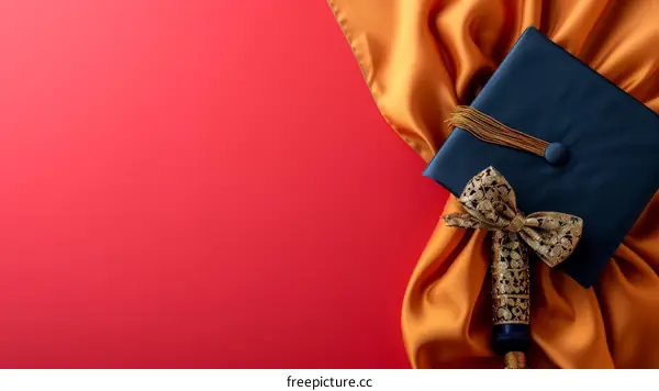 Black graduation cap with gold tassel on red background