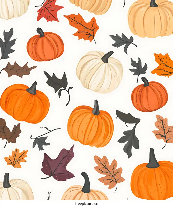 Autumn Seamless Pattern with Pumpkins and Leaves