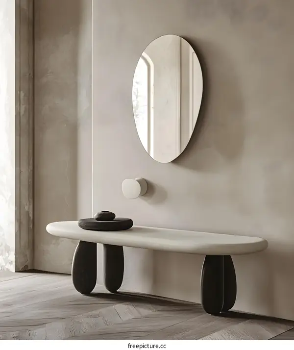 Modern Minimalist Oval Mirror and White Bench with Wooden Legs