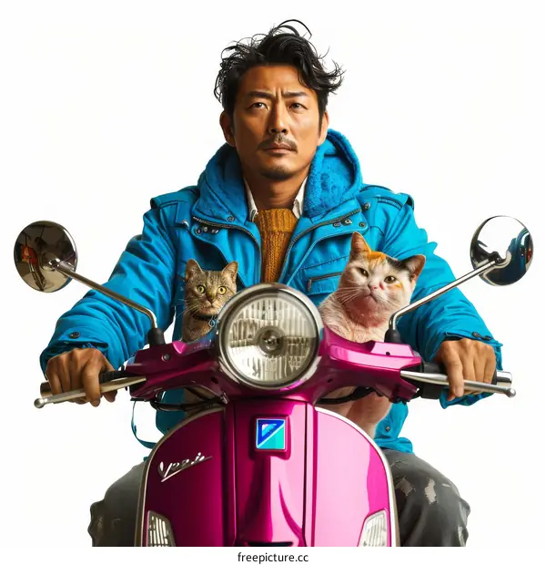 A Man with Two Cats on a Pink Vespa