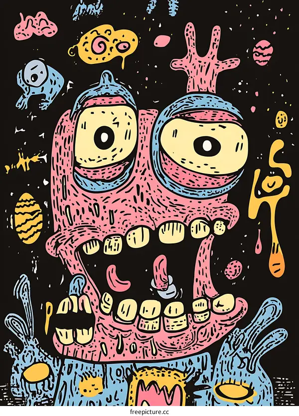 Colorful Grotesque Cartoon Monster with Big Eyes and Mouth