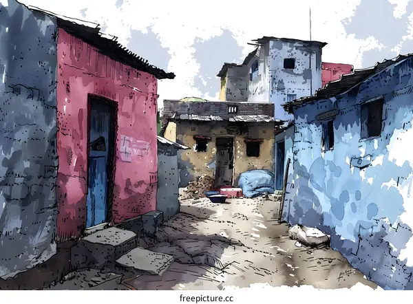 watercolor painting of colorful houses in a village
