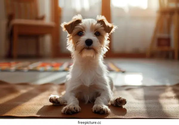 A cute Yorkshire Terrier puppy is sitting on a yoga mat