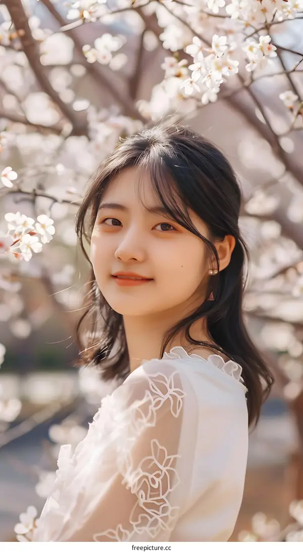 Young Woman in White Dress Posing in a Field of White Flowers