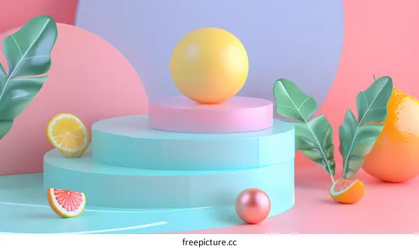 Abstract 3D Rendering with Colorful Geometric Shapes and Fruits