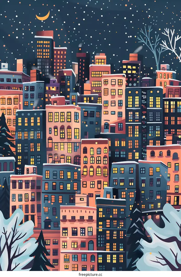 Night Cityscape with Snowy Buildings