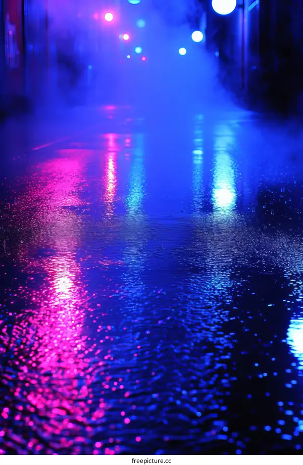 City street with colorful lights reflecting off wet pavement