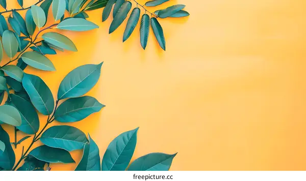 Green Leaves on Yellow Background