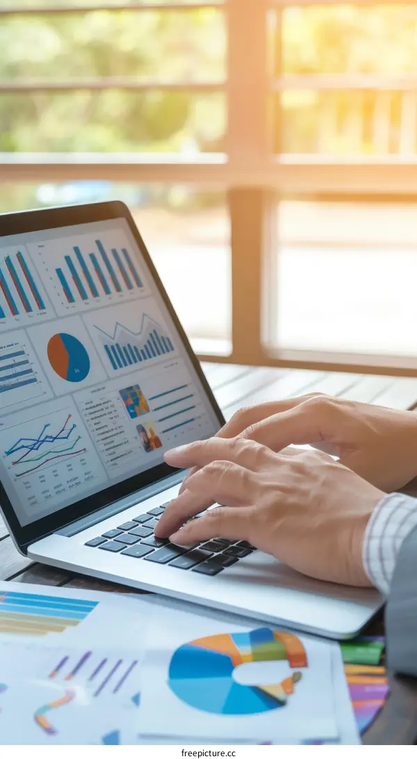 Businessman analyzing graphs and charts on laptop screen