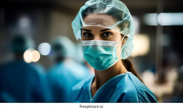 Portrait of a confident female surgeon wearing a surgical mask and cap in an operating room with blurred background