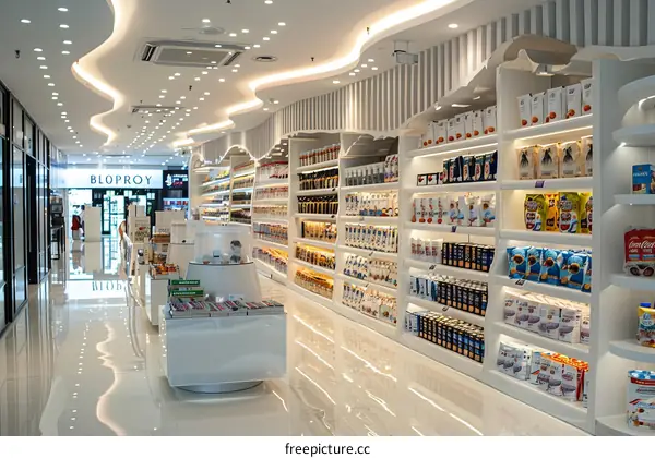 Modern Grocery Store Interior with White Shelves and Bright Lighting