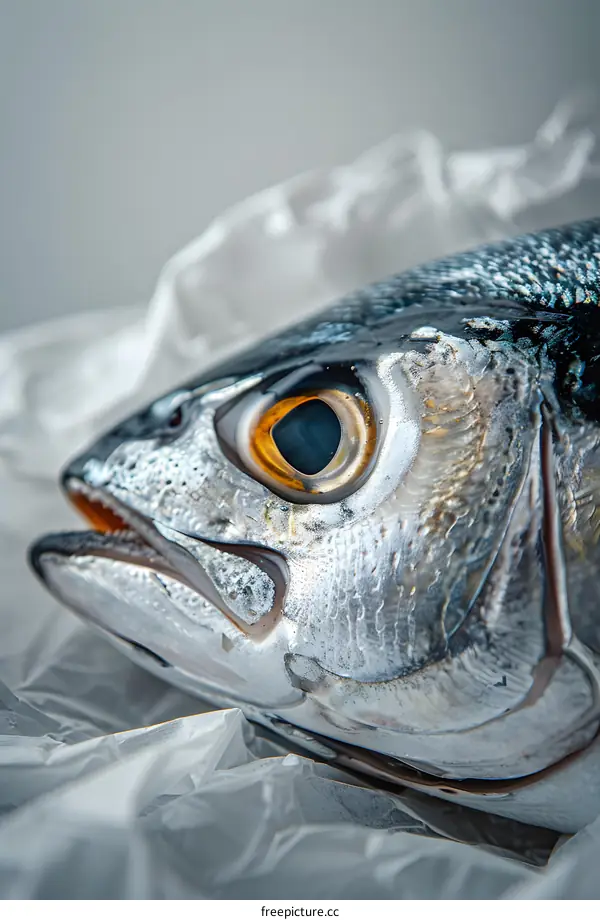 Close-up of a fish head on a white background