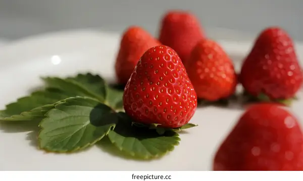 Fresh Red Strawberries with Green Leaves on White Plate