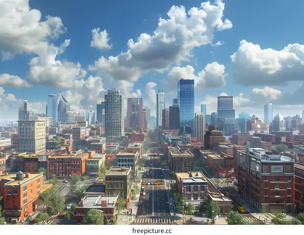 A birds eye view of a modern city.