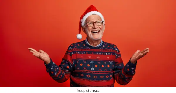 Happy senior man wearing Santa hat and eyeglasses with open arms
