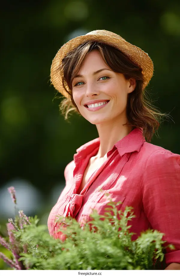 Smiling Woman in a Straw Hat Outdoors