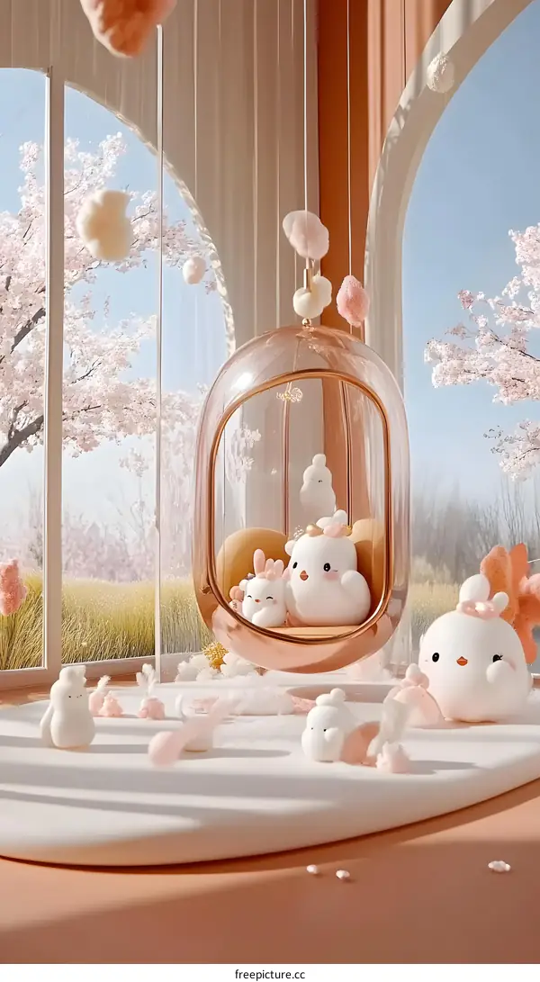 Cute Pink Bunnies Sitting in a Swing Chair with Spring Blossom Background