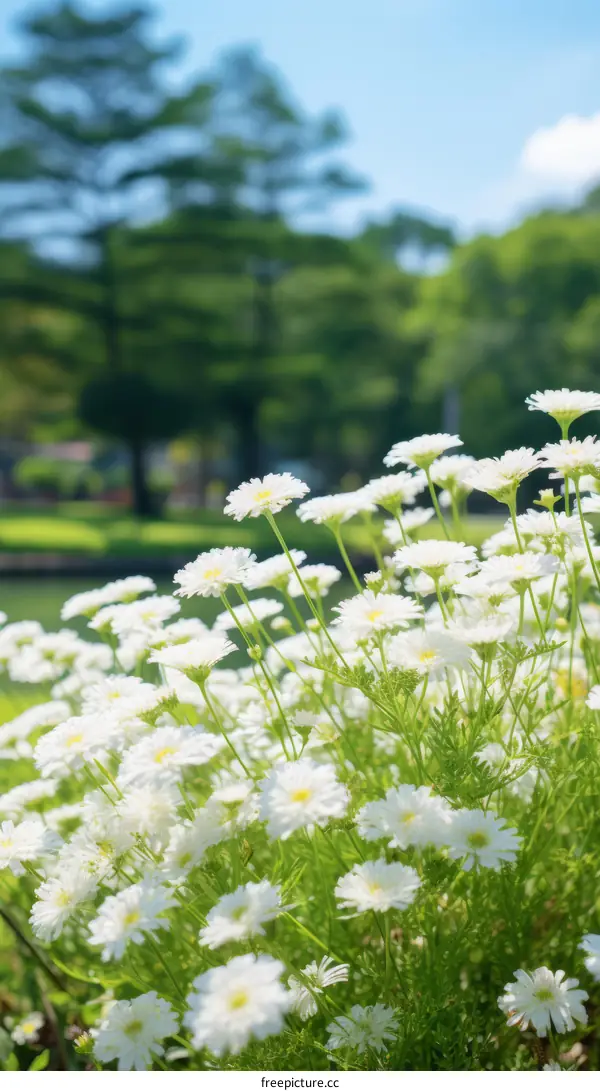 Field of white daisies with green stems and blurred trees in the background