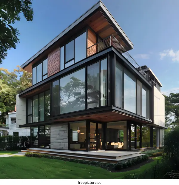 Modern Architecture House with Large Glass Windows and Balcony